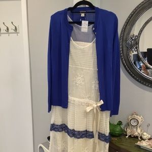 LACE DRESS IN CREAM WITH PRETTY BLUE CARDIGAN
